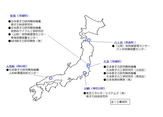 核燃料物質を使用している事業所と所在地マップ