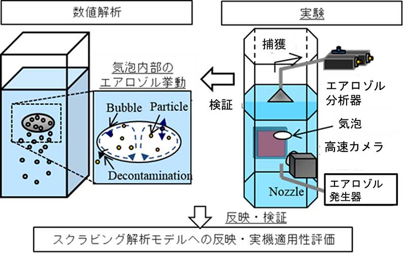 プールスクラビング実験概要と解析モデル（分析機の配置等）を示したイメージ画像