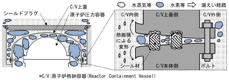 原子炉格納容器周りの構造及び原子炉格納容器上蓋のフランジ部付近の構造並びに重大事故時に想定される水素等の漏えい経路の画像